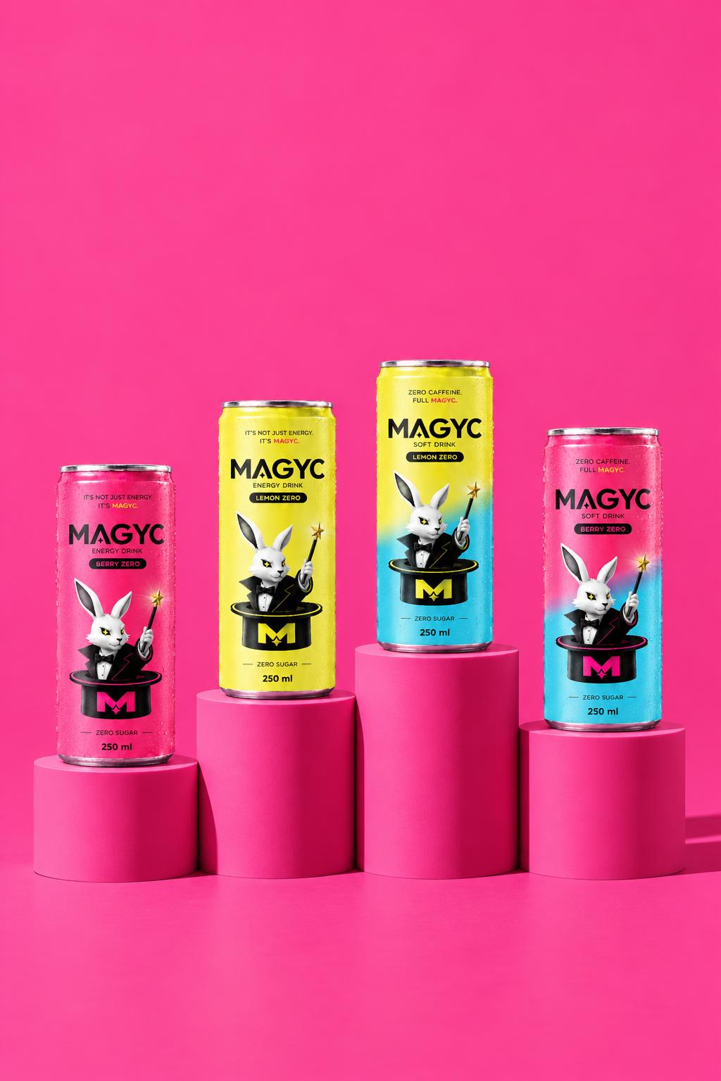 Alle vier MAGYC Sorten auf pinken Sockeln
